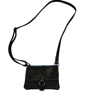 JACK GEORGES “Voyager” Distressed Black Leather Compact Crossbody Bag, EUC